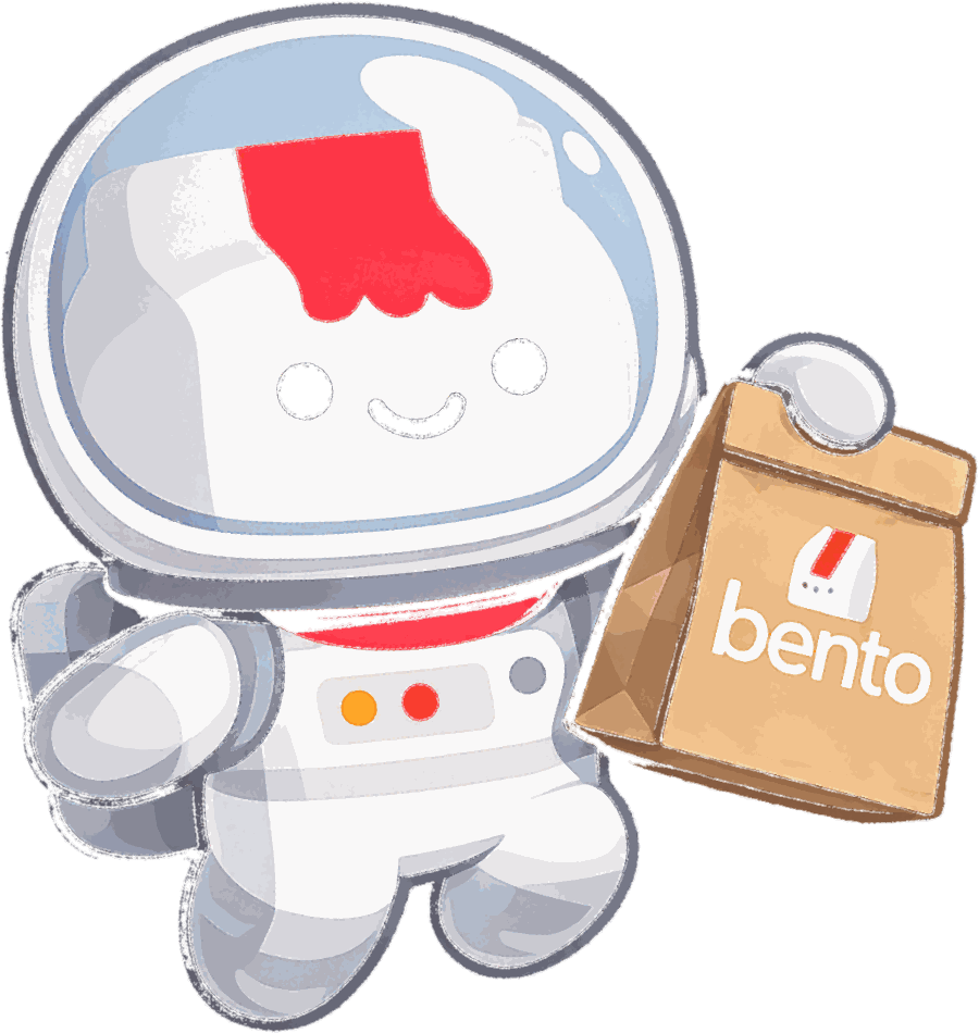 Benny in an astronaut suit holding a Bento bag
