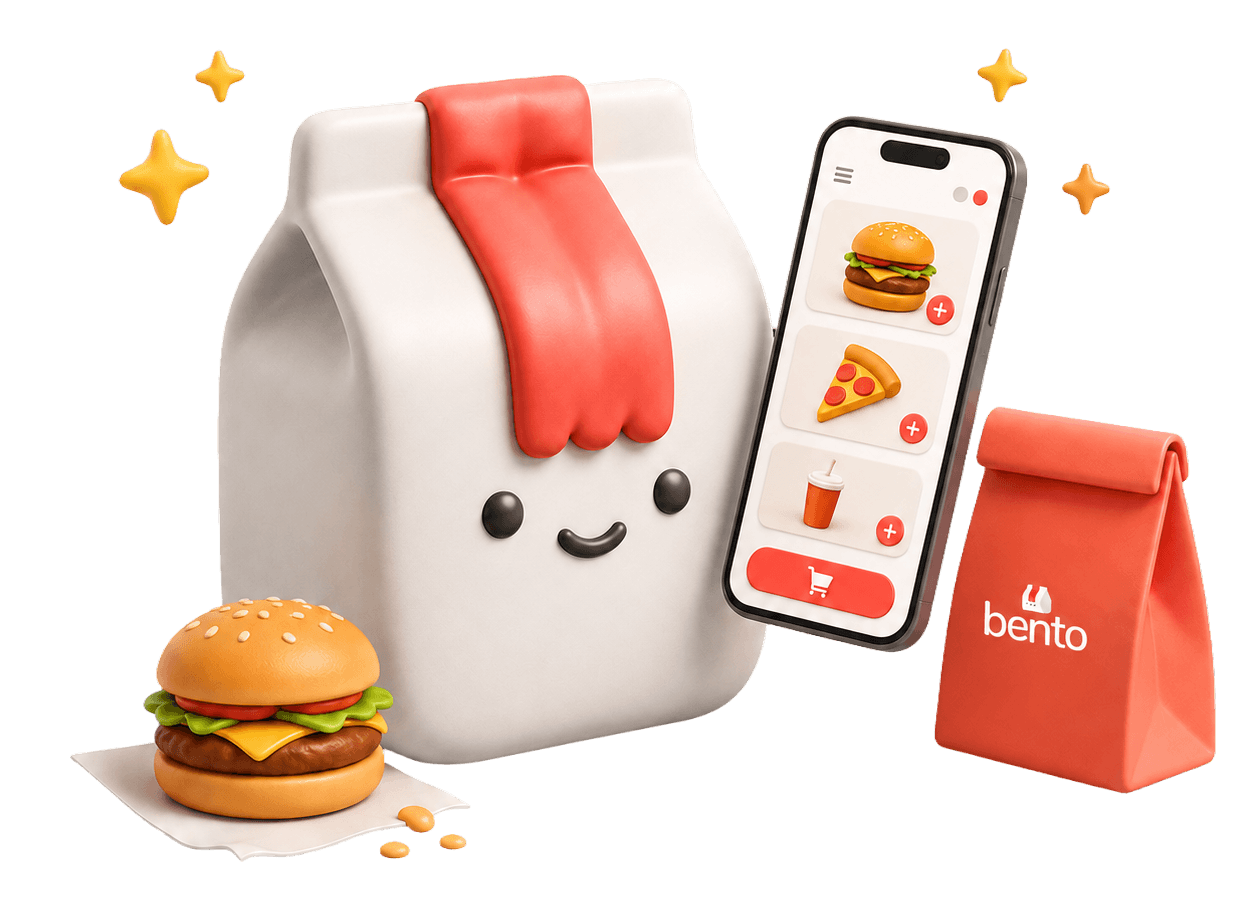 Benny with a burger, a Bento bag and a phone showing the Bento catalog