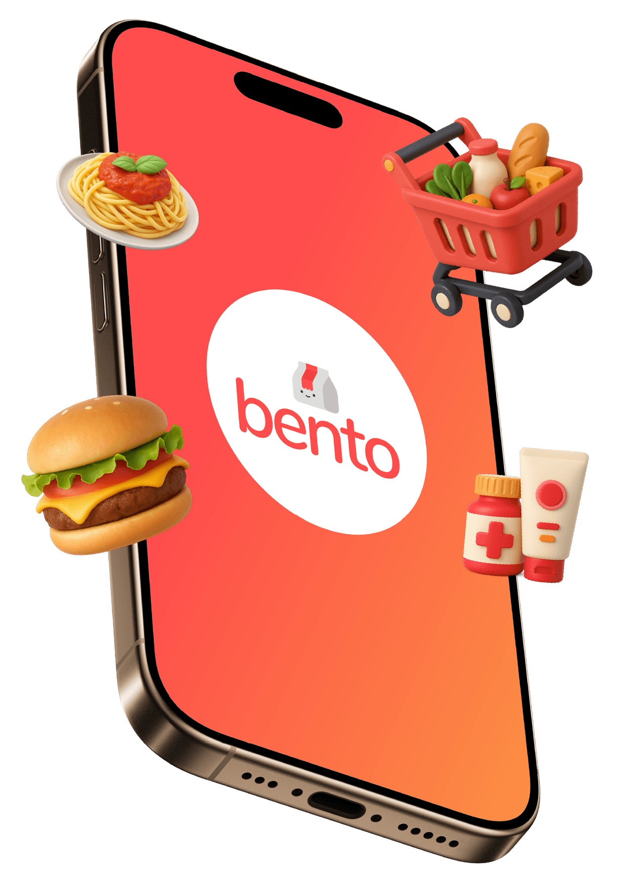 Bento app on a phone surrounded by meals, groceries and pharmacy items